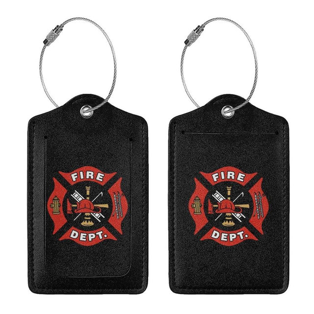 Teery-YY Firefighter Fire DEPT. Logo Rescue Pattern 2 PCS Luggage Tags Privacy Name ID Card Baggage Labels with Stainless Steel Loop PU Leather for Travel Suitcase Bag