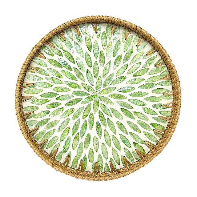 Round Rattan Tray with Mother of Pearl Inlay, Decorative Rattan Serving Tray for Home Boho Decor, Coffee Table, Bread, Food, Tea, Fruit Wicker Basket, 100% Natural Materials Green- 13.8"