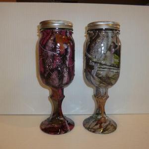 Mr and Mrs camo rustic wedding camo redneck wine glass mason jars hydrodipped in pink and tan vista.