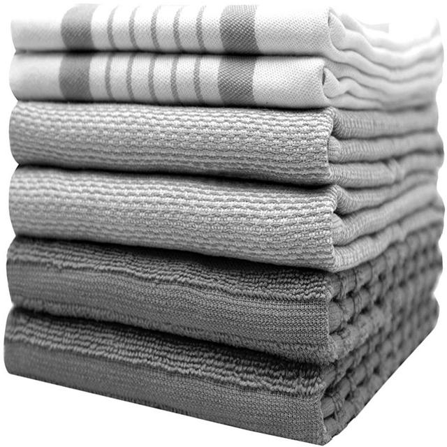 Premium Kitchen Towels (20”x 28”, 6 Pack) – Large Cotton Kitchen Hand Towels – Striped Flat & Terry Towel – Highly Absorbent Tea Towels Set with Hanging Loop – Grey