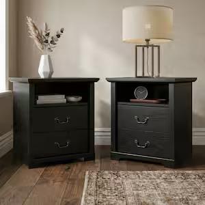 Dena Black 2-Drawer 22 in. W Nightstand Set of 2