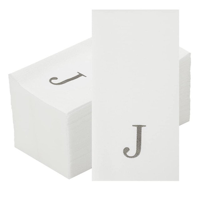 Luxenap 15.8 X 7.9 Inch Linen-Feel Guest Towels, 50 Lettered Hand Towels - Silver Letter 'J', Sans Serif Font, White Paper Dinner Napkins, airlaid, For Restrooms And Tables - Restaurantware
