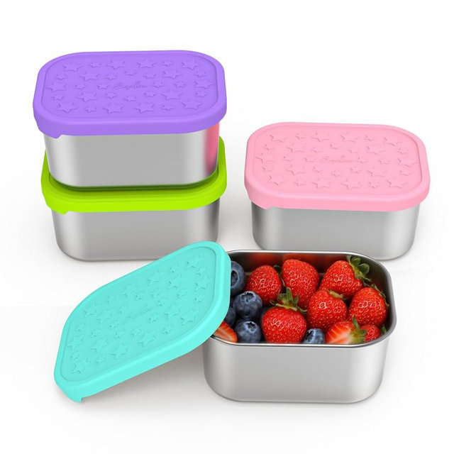 SOPHICO Stainless Steel 14 OZ Snack Containers for Kids，Food Storage Container with Silicone Lid - Perfect 304 Metal Toddler Lunch Box for Daycare and School, Leak Proof (MIX, 4 PACK)