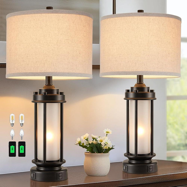 AIEAMPDO Set of 2 Modern Table Lamps for Living Room Bedroom, 25'' Black Retro Industrial Metal Lamp with Glass Nightlight, Contemporary Desk Lamp for Bedside End Table Office, 4 Bulbs Included