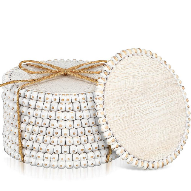 10 Pieces Beaded Wood Coasters Bulk Farmhouse Coasters for Drinks Coffee Table 4.7 Inch Round Farmhouse Beaded Rustic Coasters Decorative White Coasters Bar Coasters for Home Kitchen Decor
