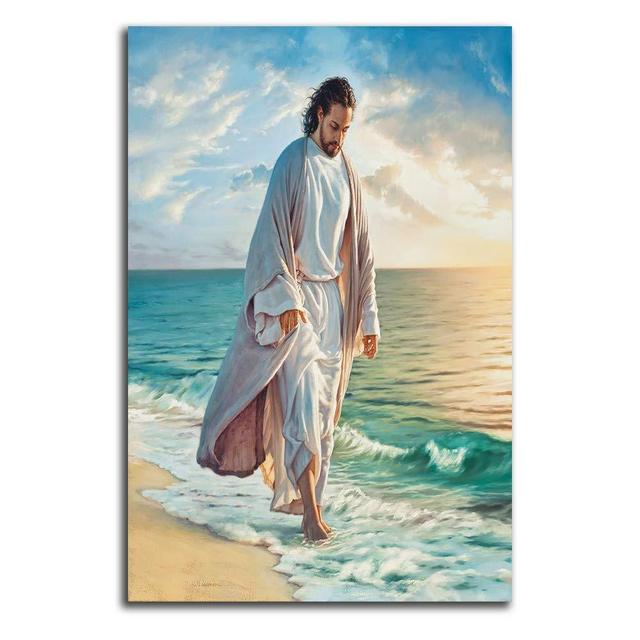 Jesus Pictures For Wall Canvas Frameless Wall Art Jesus On Beach Art For Bedroom Living Room Religious Picture Oil Painting 16x20 Inch