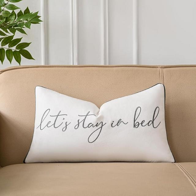 Sanmetex Decorative Lumbar Pillow Covers 12x20 Inches, Embroidered Accent Rectangle Pillow Case with Let's Stay in Bed Quote for Sleep, Bed, Bedroom, Home Decor.