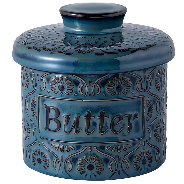COPORISO Ceramic Butter Crock with Lid, French Butter Dish with Water Line for Countertop, Butter Keeper for Spreadable Butter, Container Holder for Kitchen and Home Decor, 6.7 OZ, Vintage Blue