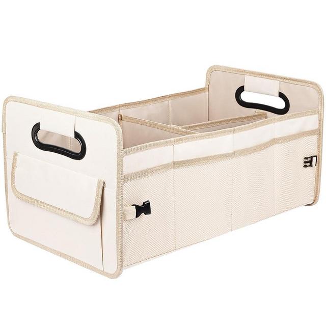 JiatuA Car Trunk Organizer Car Storage with 9 Pockets Collapsible Multi Compartment Waterproof Adjustable Straps for SUV, Truck, Sedan, Minivan, Standard Size, Beige