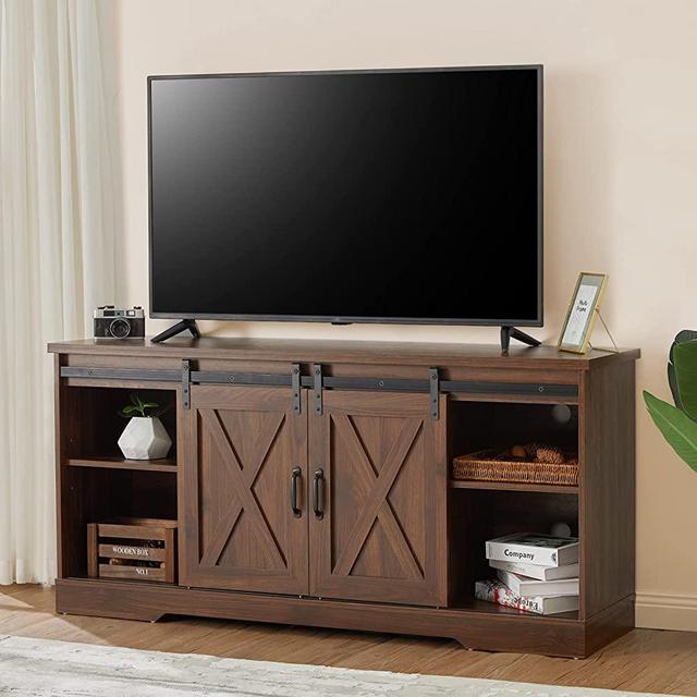 Amerlife TV Stand Sliding Barn Door Modern&Farmhouse Wood Entertainment Center, Storage Cabinet Table Living Room with Adjustable Shelves for TVs Up to 65", Dark Walnut