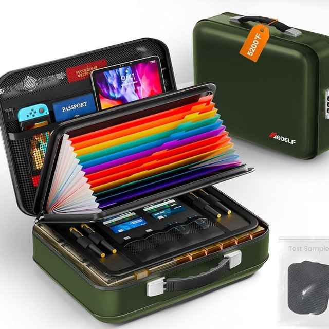 Fireproof Document Box with Lock, 5200°F Fireproof Water Resistant Hard Case File Organizer Safe Box for Important Documents, Certificates, Laptop, Passports (Green)