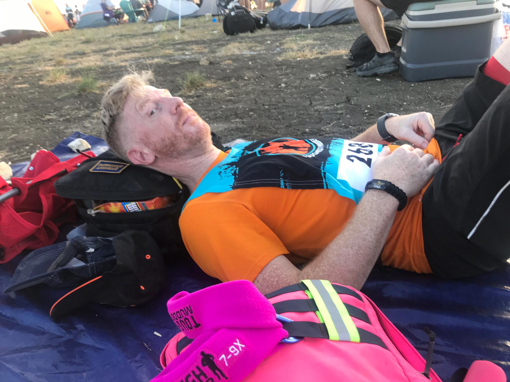 Chillaxing before the 12 hour crazy begins. Toughest Mudder South, October 2019