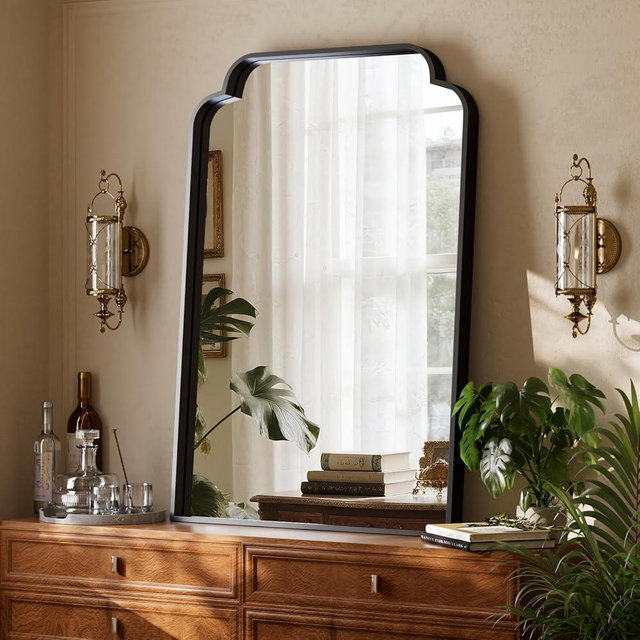 GLSLAND 24"x36" Petal Arch Bathroom Mirror – Modern Metal Frame Vanity Mirror with Scalloped Edge for Over Sink, Bedroom, Living Room, Entryway, Non-Rusting Decorative Wall Mirror, Black