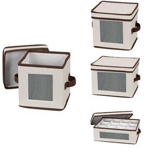 HOUSEHOLD ESSENTIALS China Storage Box Bundle | Dinnerware and Coffee Cup Cases | Natural Canvas with Brown Trim