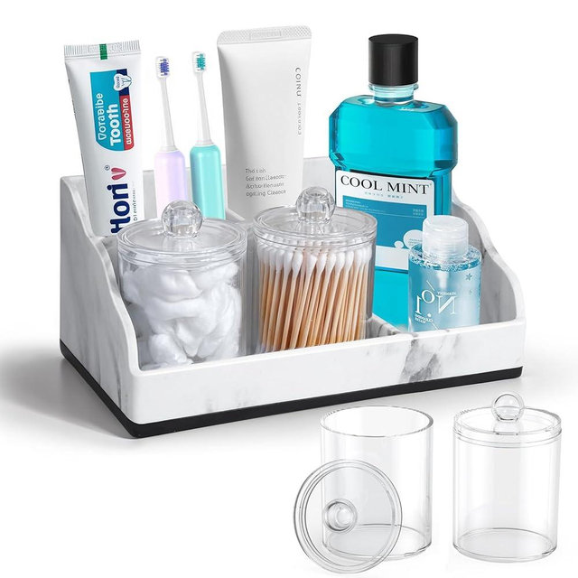 TuCao Marble Bathroom Countertop Organizer, Toothbrush Holders for Bathroom with 2PCS Qtip Holder Dispenser and Toothpaste Holder Drainage for Bathroom Accessories Organization Counter Vanity Storage