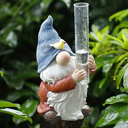 FORUP Resin Gnome Rain Gauges, Resin Gnome Garden Statue with a Plastic Rain Gauge, Hand Painted Gnome Sculpture Water Gauge for Rain