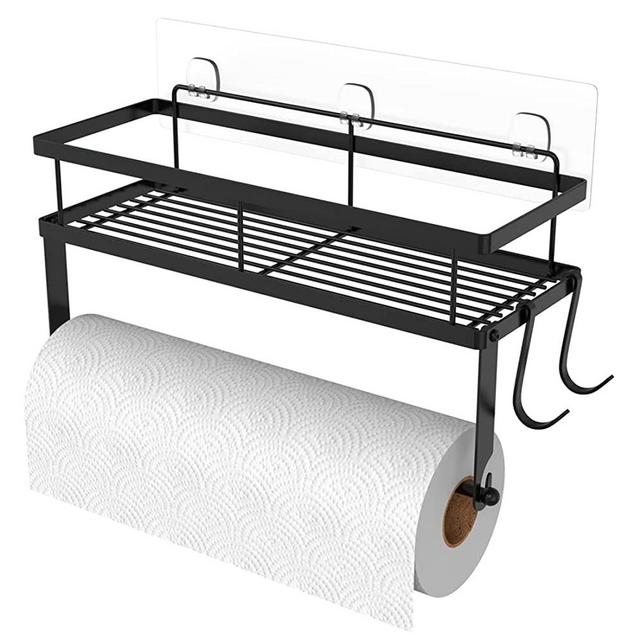 ESOW Paper Towel Holder with Shelf Storage, Adhesive Wall Mount 2-in-1 Basket Organizer for Kitchen & Bathroom, Durable Metal Wire Design, Stainless Steel 304 Matte Black Finish