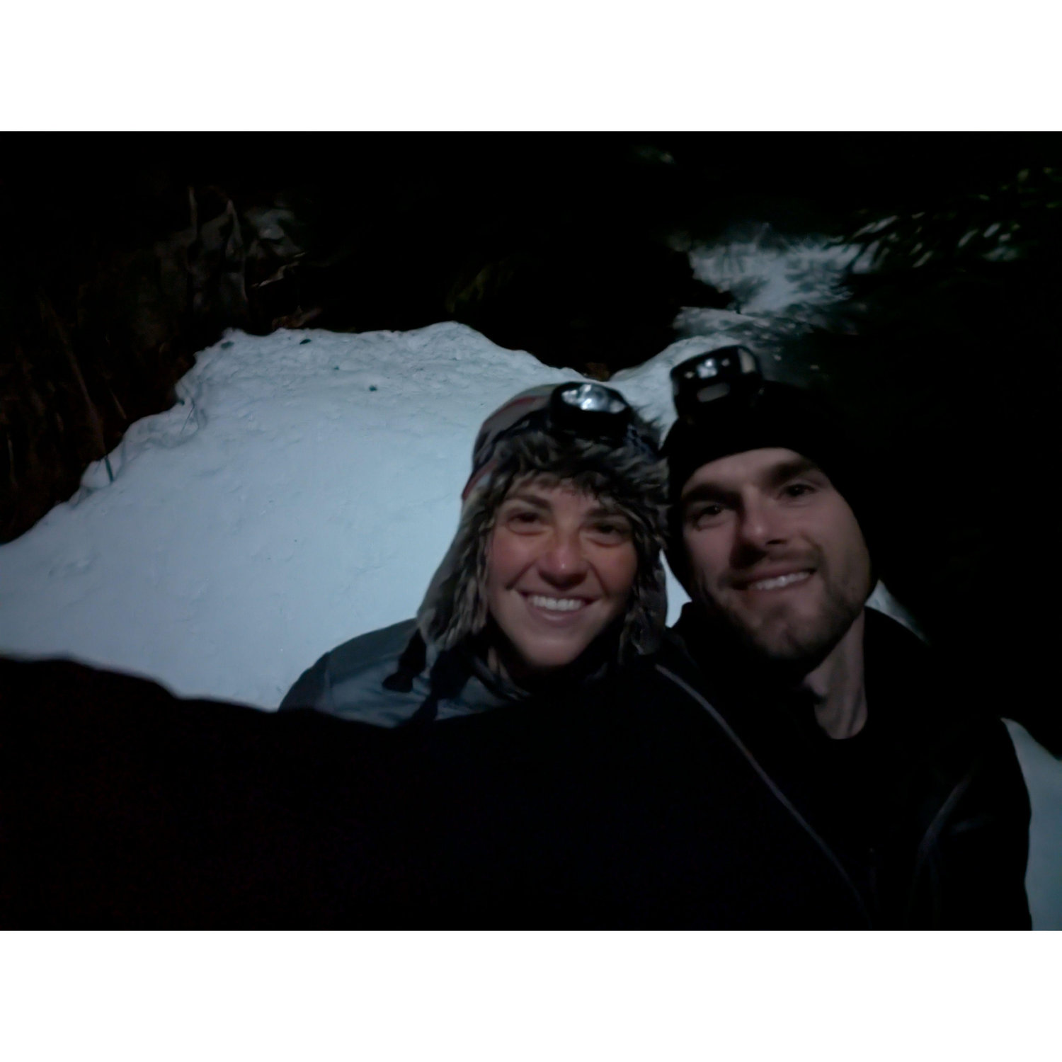 Evening walk while snow camping