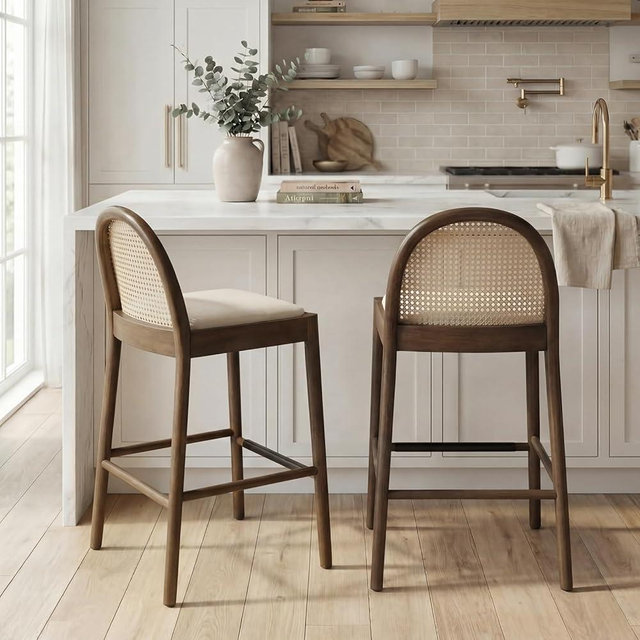 DUOMAY Modern Linen Bar Stools Set of 2, 29 Inches Bar Height Barstools with Rattan Back Walnut Frame, Upholstered Kitchen Island Chairs with Wood Legs for Home Bar Coffee Shop, Beige