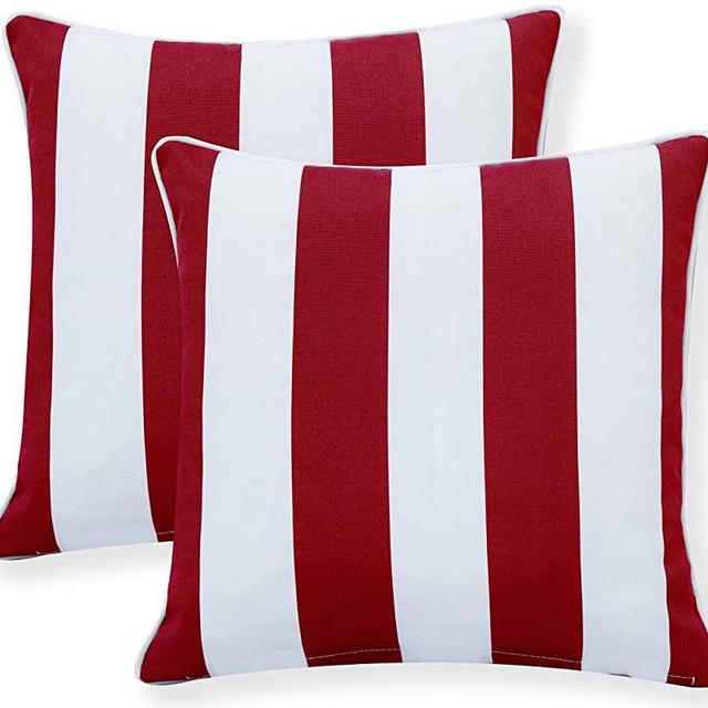 Ornavo Home Water Resistant Indoor/Outdoor Square Patio Decorative Stripe Throw Pillow Cushion - Insert Included - Set of 2-18" x 18" - Red