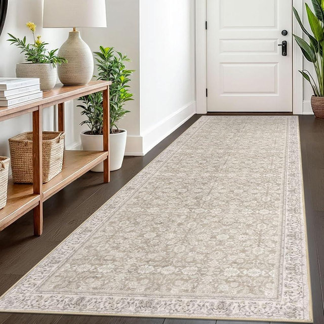 SIILOOM 3x8 Washable Runner Rug for Kitchen, Cream Beige White Grey Soft Classic Runner with Non-Slip, Non-Shedding Distressed Floral Rug for Hallways Entryway Bedroom Laundry Indoor
