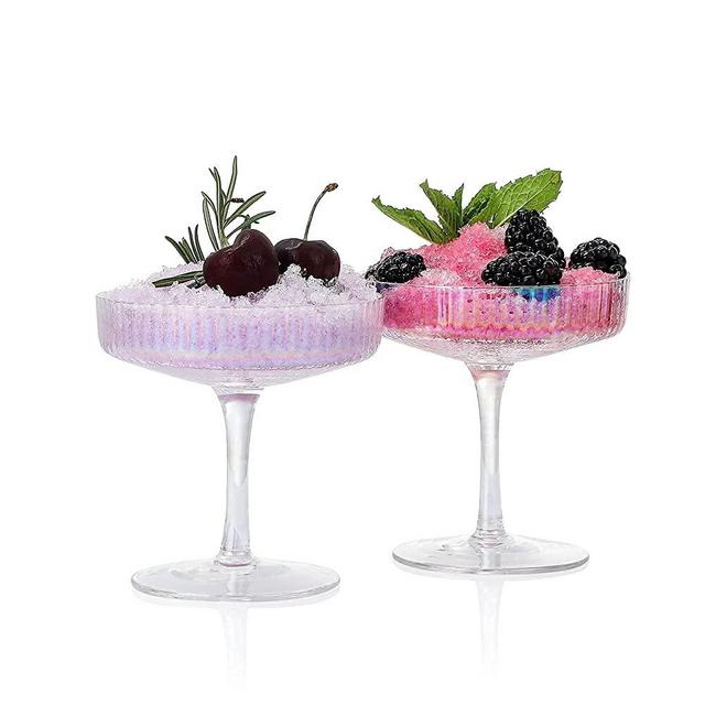 Omita Iridescent Summit Coupe Glass Set of 2 Vintage Stem Design for Manhattan Cocktail Champagne Martini Prohibition Aperitif Wine Rainbow Unicorn Shimmering Little Cute Glassware