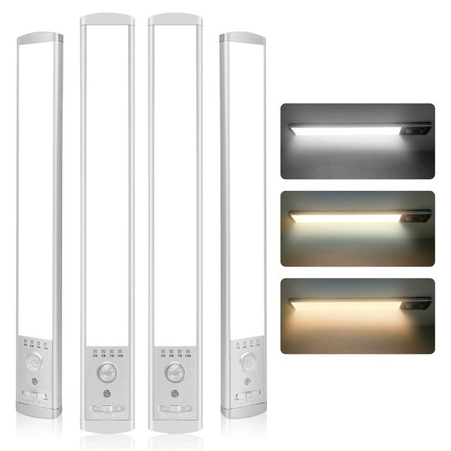 Under Cabinet Lighting, 4Pack Motion Sensor Light Indoor with 3 Color Temps, Rechargeable Under Counter Lights for Kitchen,Dimmable Closet Lights Battery Operated, 76 LED Motion Sensor Light Indoor