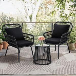 3 Pieces Rattan Wicker Outdoor Conversation Bistro Set,Black (Set of 3) - Black Cushion/Black Frame