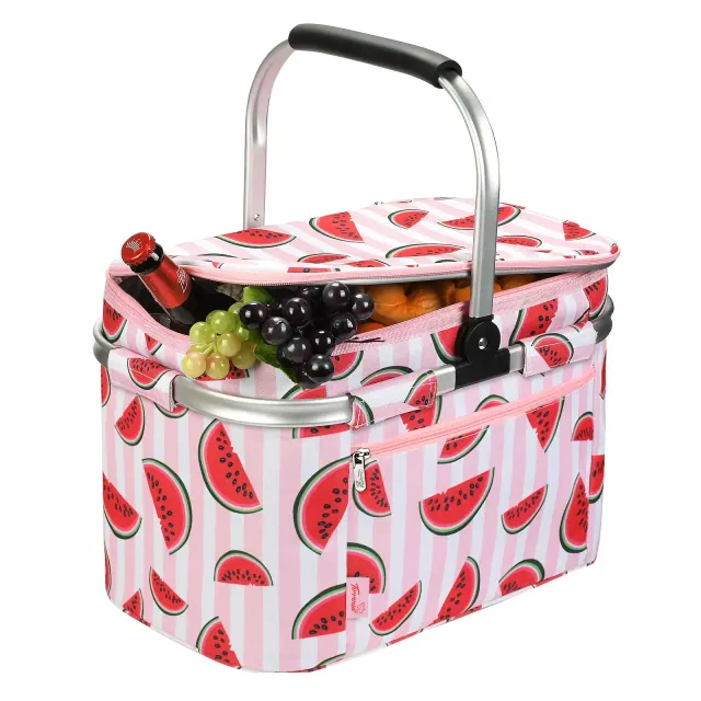 Tirrinia Large Insulated Picnic Basket, 34L Water Resistant & Leakproof Collapsible Portable Cooler Basket Set, Pink Watermelon