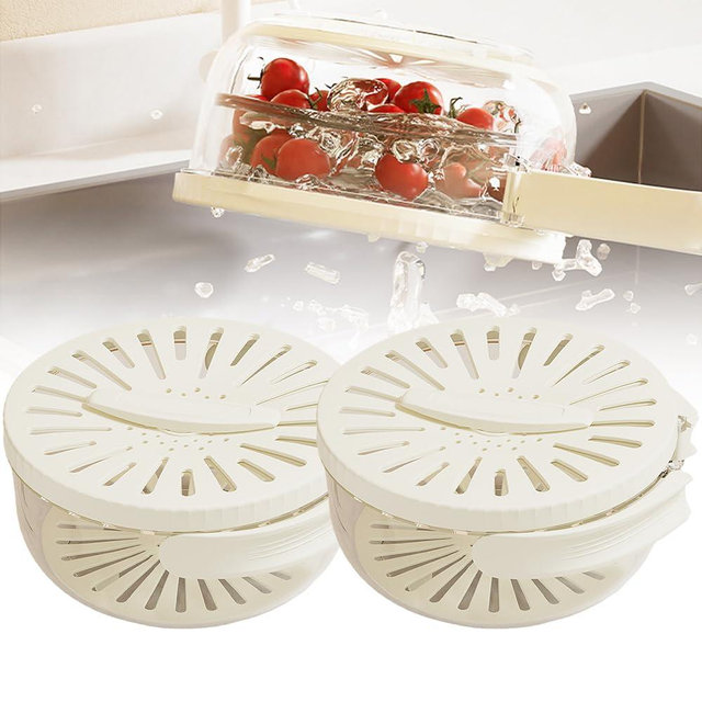 Multifunctional Fruit and Vegetable Washing Bowl, 2025 New Fruit Washing Bowl with Strainer, Fruit Strainer Container with Lid, Fruit Drainer Container with Handle for Vegetable Washing (2Pcs White)