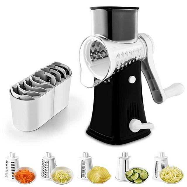 VEKAYA 5 in 1 Rotary Cheese Grater with Handle [5 Interchangeable Stainless Steel Blades] Cheese Shredder Food Vegetable Grader Hand Crank Grater for Kitchen with Bonus Storage Box for Blades - Black