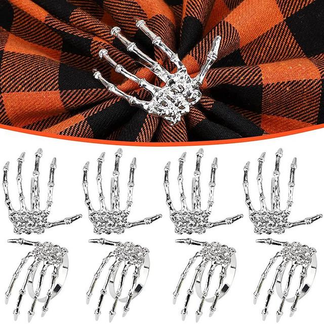 Halloween Napkin Rings Decoration 8 Pcs, Metal Rings Holders for Home Birthday Party Dinner Table Favors Supplies Halloween Bar Dinning Costume Decor (Silver Skeleton Claw)