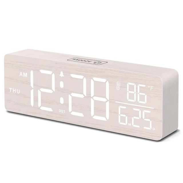 DreamSky Wooden Digital Alarm Clocks for Bedrooms – Large Display Desk Clock with Date & Day of Week for Living Room, Temperature, Dimmer, Adjustable Volume, Auto DST, Office Wood Décor (Plug-in)