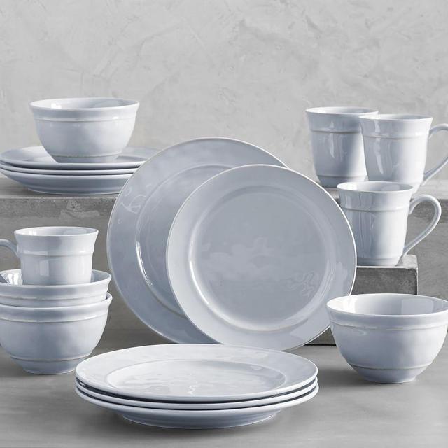 Cambria Recycled Stoneware 16-Piece Dinnerware Set, 10 3/4" Dinner Plate with Cereal Bowl - Fog