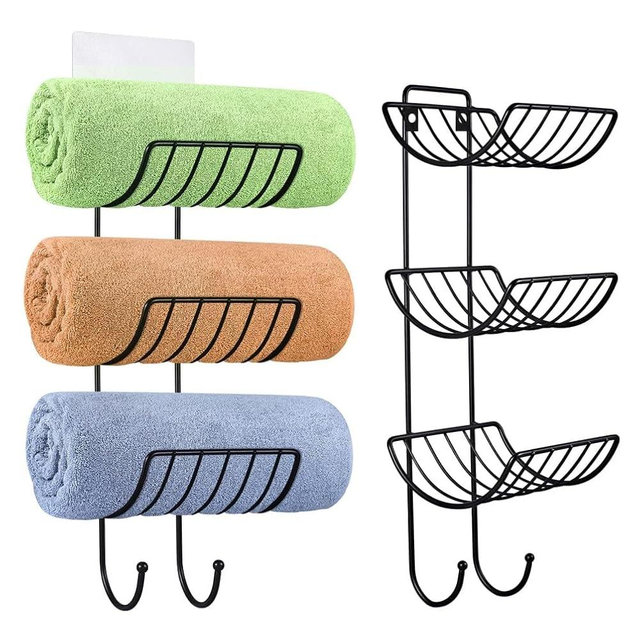 DEMSFIA Adhesive Towel Holder for Bathroom Wall Mounted, No Drill Towel Rack Organizer with 2 Hooks for Bath Wall Storage, Black, 2 Pack