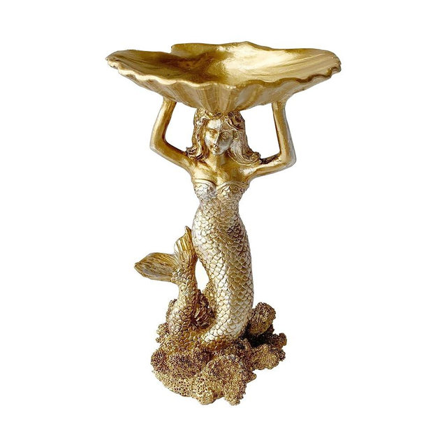 Jewelry Dish, Resin Mermaid Shell Dish Ring Holder Jewelry Organizer Trinket Dish, Golden Mermaid Shell Statue Home Decor for Home Office Desktop Bookshelf