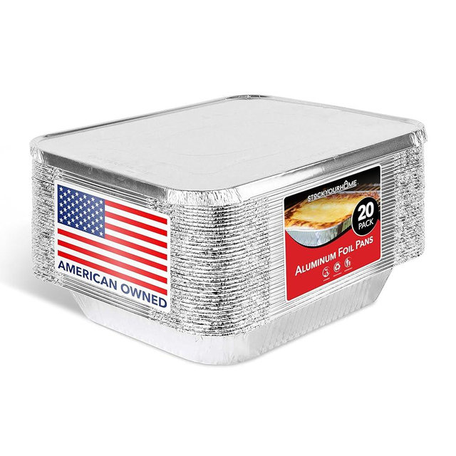 Stock Your Home Foil Pans with Lids - 9x13 Aluminum Pans with Covers - 20 Foil Pans and 20 Foil Lids - Disposable Food Containers Great for Baking, Cooking, Heating, Storing, Prepping Food Silver