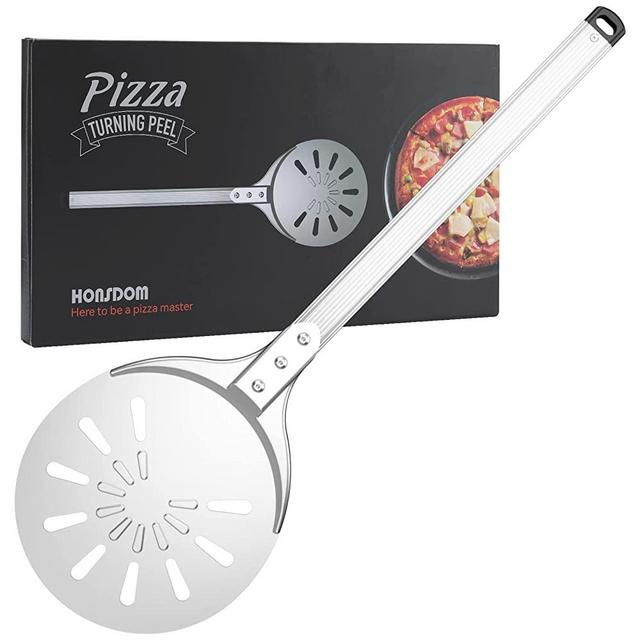Pizza Turning Peel 8-Inch Round Pizza Turner, Long Handle Metal Perforated Pizza Peel Paddle, Lightweight Turning Peel from Anodized Aluminum, Pizza Oven Accessories