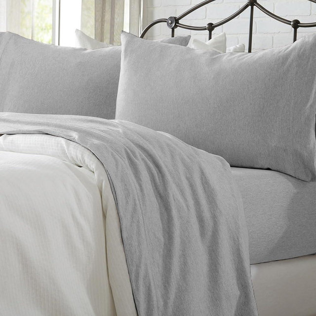 Cotton Jersey Knit King Sheet Set - Ultra-Soft, Stretchy, Heathered Melange Mid Grey Bed Sheets - Cozy, Soft T-Shirt Sheet & Pillowcase Set