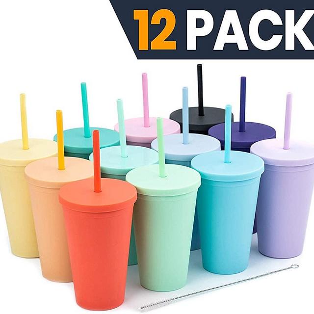 Tumblers with Lids (12 pack) 16oz Colored Acrylic Reusable Cups with Lids and Straws | Double Wall Matte Plastic Bulk Tumblers With FREE Straw Cleaner! Vinyl DIY Gifts