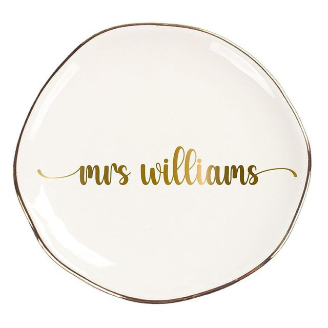 Personalized Ceramic Gold Trim Jewelry Tray Bridesmaid Wedding Engagement Gifts Jewelry Dish Decorative Trinket Custom Ring Dish With Name Couple Initials (Style E)