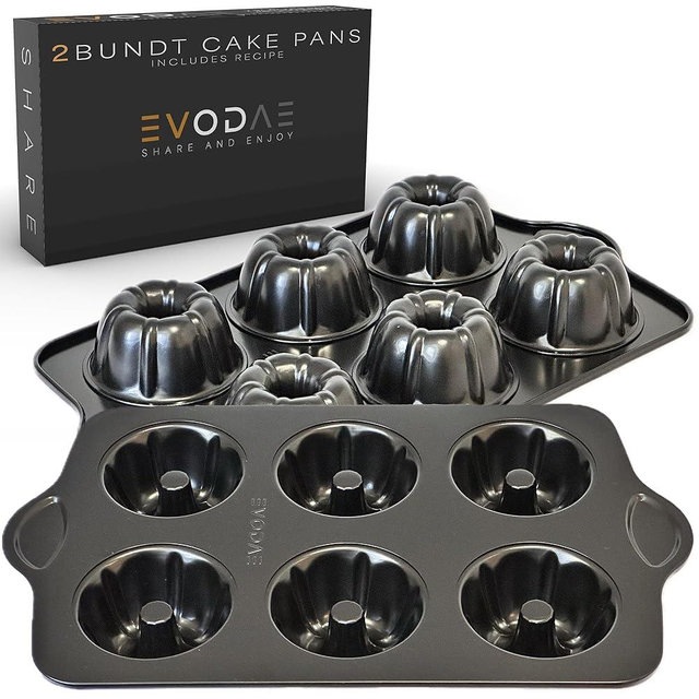 EVODAE® 2 PCS MINI BUNDT CAKE PANS FOR BAKING – 12 Cup (2x6) – Pro-Grade Nonstick Black Coated – Perfect for a SUNNY SUMMER DAY – Mini cake pans - Tube Pan – PFOA & PTFE Free