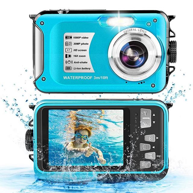 Waterproof Camera 1080P Full HD 10FT Underwater Camera 30MP Video Resolution 16X Zoom Waterproof Digital Camera for Snorkeling,Vacation(Blue)