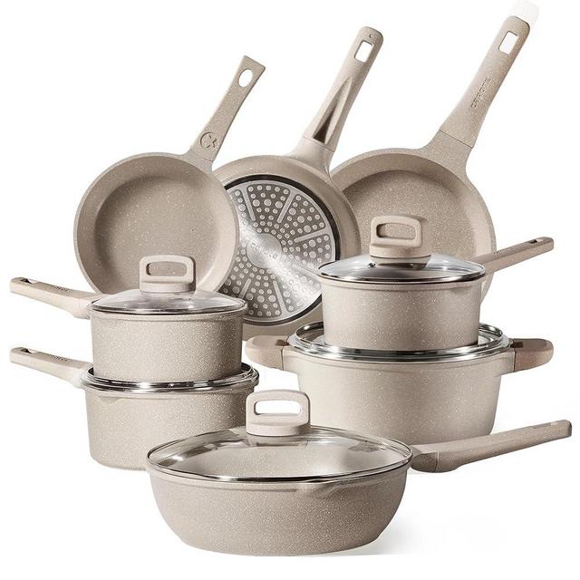 CAROTE 13pcs Kitchen Pots and Pans Set non stick, Nonstick Cookware Set, Frying pans, Kitchen Essentials, Taupe