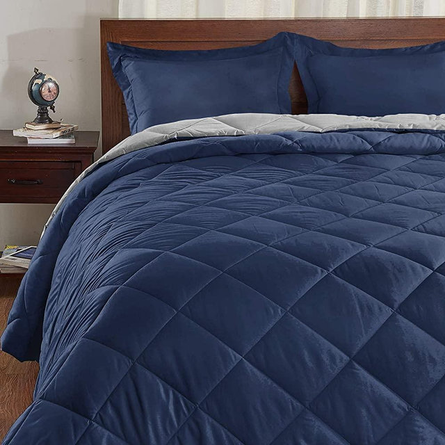 Basic Beyond Down Alternative Comforter Set - Reversible Bed Comforter for All Seasons (Navy/Grey, Queen)