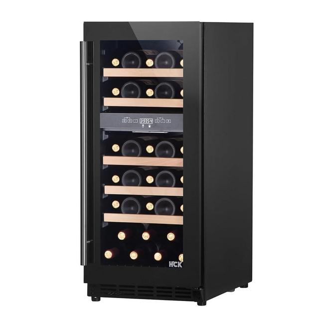 HCK Dual Zone Wine Cooler Refrigerator - Freestanding, Triple-Layer Glass, Electronic Temperature Control, Oak Wood Shelves - Stores 29 Bordeaux Bottles - Cellar Fridge with ETL Certified