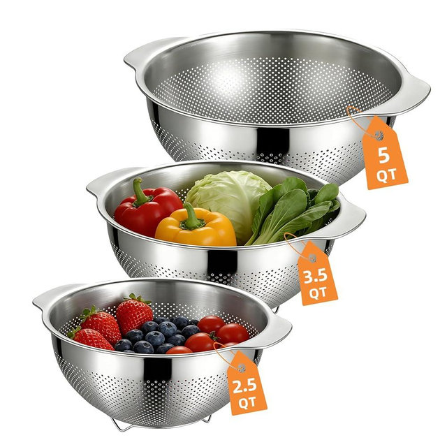 Colanders & Food Strainers,304 Stainless Steel Colander,3 Pcs Kitchen Strainers & Colanders for Pasta, Rice, Vegetables,Dishwasher Safe Metal Colander with Handles,Kitchen Gift(2.5QT, 3.5QT, 5QT)