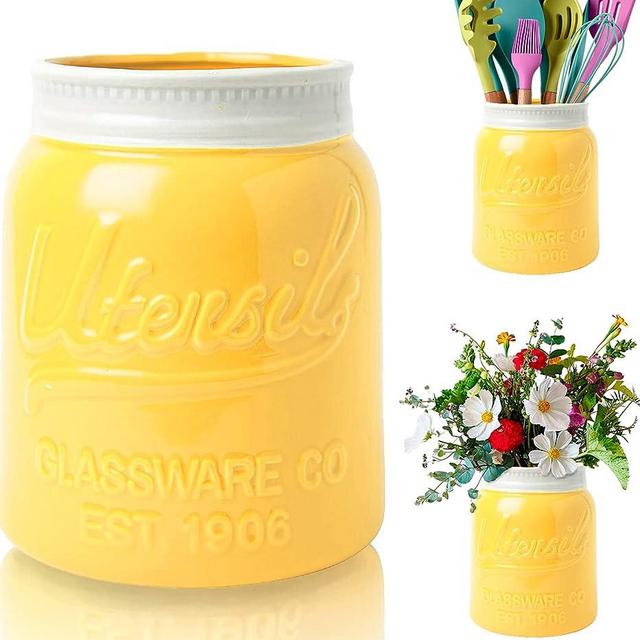 Comfify Wide Mouth Mason Jar Utensil Holder Decorative Kitchenware Organizer Crock, Chip Resistant Ceramic, Dishwasher Safe - Kitchen Caddy Green, Large Size 7" High - Yellow