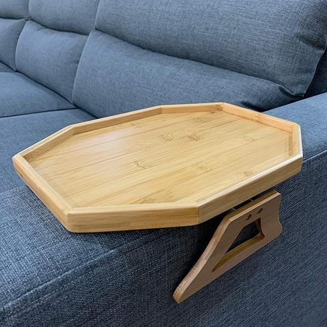 Xchouxer Side Tables Natural Bamboo Sofa Armrest Clip-On Tray, Ideal for Remote/Drinks/Phone