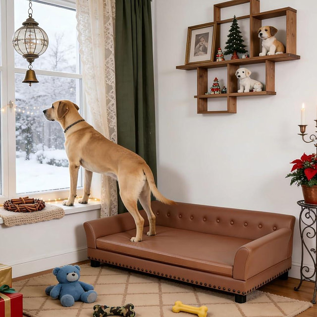 BingoPaw Large Leather Dog Sofa: Indoor Doggy Couch Made by Scratching Resistant Microfiber Leather - Raised Doggie Lounge Bed Breathable for Giant Breed Dogs up to 120lbs